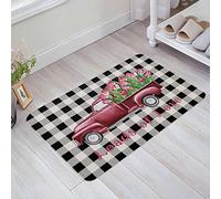 Paillasson 40X60Cm, Camion Rouge Rétro Amour Printanier Tulipe Carreaux Noirs Tapi D'Entrée Facile À Nettoyer Tapis Bains pour Cuisine Salle De Bain Intérieur