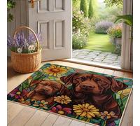 Paillasson à imprimé floral de chien, marron pour laboratoire et chiot - Tapis d'intérieur et d'extérieur pour décoration de printemps - Antidérapant - Imperméable - Absorbant la poussière - Facile