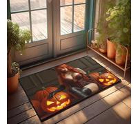 Paillasson « A Woman With Long Red Hair Is Assis Among Sculpted Pumpkins » - Décoration de maison Emo (50 x 80 cm)