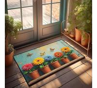Paillasson amusant pour entrée extérieure, fleurs colorées dans des pots avec papillons volant au-dessus du paillasson tapis cool Home Sweet Home (65 x 90 cm)