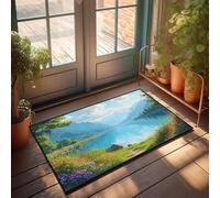 Paillasson amusant pour entrée extérieure, un lac serein entouré de montagnes et de fleurs colorées, paillasson cool pour la maison (50 x 80 cm)