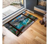Paillasson Antidérapant pour Intérieur 90 x 150 cm, Montagnes Et Lacs Enneigés Tapis de Porte Attrape-Poussière Vue Sur Le Lac Par La Fenêtre Tapis de Sol pour Entrée, Porte, Couloir, Turquoise
