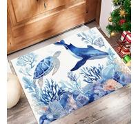 Paillasson Attrape-Poussière, Animaux Marins Tapis De Sol Antidérapant Lavable en Machine, Tortues Baleines Tapis D'Entrée Doux Confortable pour Chien, Entrée, Blanc 45 X 75 Cm