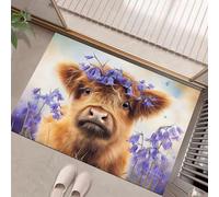 Paillasson Attrape-Poussière, Bovins des Highlands Tapis De Sol Antidérapant Lavable en Machine, Jacinthes des Bois Tapis D'Entrée Doux Confortable pour Chien, Entrée, Gris Clair 40 X 60 Cm