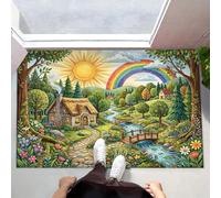 Paillasson Attrape-Poussière Chalet Conte Fées Forêt, Tapis De Sol Antidérapant Lavable En Machine Arc-En-Ciel Rural Soleil, Tapis D'Entrée Douces Pour Chien Entrée Porte, Vert Émeraude, 80X120Cm