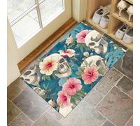Paillasson Attrape-Poussière, Crâne Blanc Tapis De Sol Antidérapant Lavable en Machine, Hibiscus Tapis D'Entrée Doux Confortable pour Chien, Entrée, Bleu 50 X 80 Cm