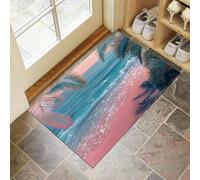 Paillasson Attrape-Poussière, Plage D'Été Tapis De Sol Antidérapant Lavable en Machine, Feuilles Palmier, Vagues La Mer Tapis D'Entrée Doux Confortable pour Chien, Entrée, Rose 40 X 60 Cm