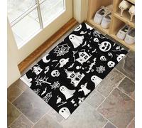 Paillasson Attrape-Poussière, Tapis de Sol Icônes D'Halloween Antidérapant Lavable en Machine, Tapis d'Entrée Toile D'Araignée Crâne Absorbantes pour Entrée, Porte Couloir, Noir Blanc, 60 x 90 cm