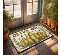 Paillasson avec des dictons drôles vintage bouteilles d'huile d'olive avec couronne de laurier et olives Décoration extérieure Grand tapis de bienvenue extérieur (65 x 90 cm)