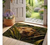 Paillasson avec visage de chien vert luxuriant, design de laboratoire jaune pour intérieur et extérieur, décoration de printemps, caoutchouc imperméable, antidérapant, absorbant la poussière, facile à