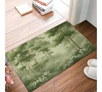 Paillasson Bienvenue D'Entrée Forêt Brumeuse Printanière Plantes Printanières Tapis De Sol De Bain Antidérapant, Paillasson Lavable Pour Salon Chambre À Coucher Cuisine, Vert Émeraude, 60X90Cm