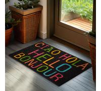 Paillasson BRUBAKER Ciao Hola Hello Bonjour - 45x75 cm Tapis de propreté en coco - Antidérapant & résistant aux intempéries - Noir Multicolore