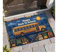 Paillasson « Campus Bus Welcome » - Livres éducatifs ludiques - Sac à dos - Jaune - Lavable - Profil bas - Décoration extérieure pour porte d'entrée, terrasse - 73,6 x 43,2 cm
