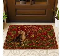 Paillasson chat bienvenue, jardin, nature, papillon, framboise, printemps, caoutchouc rouge, paillasson antidérapant pour maison, intérieur, extérieur, entrée, porche, décoration, 73,6 x 43,2 cm