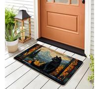 Paillasson chat d'automne, tapis de bienvenue extérieur et intérieur avec motif feuilles d'automne, vitrail, caoutchouc, imperméable, antidérapant, absorbant la poussière, facile à nettoyer, 73,7 x