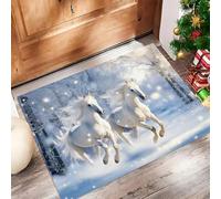 Paillasson Cheval Blanc Romantique 90 x 150 cm Tapis de Sol Pays Des Merveilles Hivernales Tapis d'entrée Antidérapant Lavable Tapis de Bienvenue pour intérieur, Cuisine, Salle, Couloir - Bleu Clair