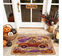 Paillasson citrouilles d'Halloween avec citation de bienvenue 73 x 43,2 cm | Illustration de camion vintage, tapis de porte d'entrée, accents Jack-o'-lanterne, motif nuage mystique