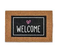 Paillasson Coco Welcome Coeur Noir 40x60 cm - paillasson d'entrée antibactérien - paillasson Coco avec Dos en Vinyle - matériau Naturel - 100% Coco
