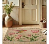 Paillasson Colibri Floral, Tulipes de Pêche, pour une utilisation en extérieur et en intérieur, décoration rustique, en caoutchouc imperméable, antidérapant, absorbant la poussière, facile d'entretien