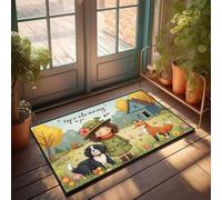 Paillasson d'automne extérieur fantaisiste matin : fille, renard, chien et fleurs en automne, paillasson de bienvenue d'hiver, tapis de porche avant (50 x 80 cm)