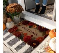 Paillasson de bienvenue à motif floral d'automne rouge et orange pour intérieur et extérieur, décoration d'intérieur rustique, antidérapant, imperméable, résistant à la poussière, facile à nettoyer