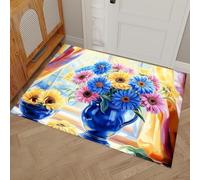 Paillasson de Bienvenue à Profil Bas antidérapant Lavable - Jaune Bleu Thème des rêves Fleurs élégantes- Tapis de Sol pour intérieur et extérieur - 60x90cm
