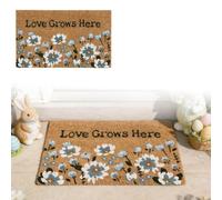Paillasson de bienvenue au printemps, Love Grows Here avec motif floral bleu et blanc, tapis de porte d'entrée de Pâques pour intérieur et extérieur (50 x 80 cm)