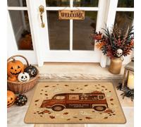 Paillasson de bienvenue avec citation saisonnière Motif camion de café | Illustration de camion de café, tapis de porte d'entrée, feuilles d'automne, décoration saisonnière, base en caoutchouc