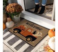 Paillasson de bienvenue d'Halloween, camion orange avec citrouilles et chat, décoration saisonnière, en caoutchouc imperméable, antidérapant, absorbant la poussière, facile à nettoyer, 73,6 x 43,2 cm