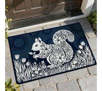 Paillasson de bienvenue écureuil, nature, fleurs fantaisistes, herbe, printemps, bleu marine, antidérapant, attrape la saleté, décoration extérieure pour porte d'entrée, terrasse, 73,6 x 43,2 cm
