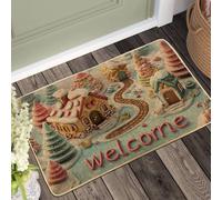 Paillasson de bienvenue en forme de maison en pain d'épices - Motif canne de bonbon coloré - Décoration intérieure et extérieure - Antidérapant - Lavable - Pour les fêtes d'hiver, 29 x 17 cm
