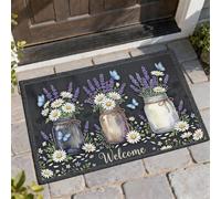 Paillasson de bienvenue Mason Jars - Motif marguerites rustiques - Lavande - Noir - Antidérapant - Pour la maison, l'intérieur et l'extérieur - Décoration de porche - 73,6 x 43,2 cm