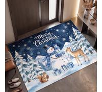 Paillasson De Intérieur Noël À L'Aquarelle 80 x 120 cm | Antidérapant Et Lavable En Machine Tapis, Tapis Bonhomme De Neige Renne Écureuil Douce Pour Chambre Salle à Manger Bureau, Bleu Foncé