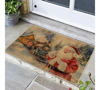 Paillasson de Noël en forme de train de Père Noël, rouge et vert, tapis de bienvenue pour extérieur et intérieur, caoutchouc lavable et antidérapant pour entrée de saison d'hiver, 73,6 x 43,2 cm