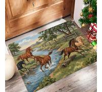 Paillasson De Porte, Pastorale Animée Interieur Antidérapant, Paillasson Entrée Lavable - des Chevaux Galopent dans l'herbe Tapis D'Entrée Intérieur Absorbant Et Durable, Vert