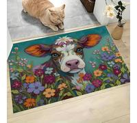 Paillasson de Vache Fleurie peintures à l'huile d'animaux 50 x 80 cm, Tapis d'entrée Antidérapant et Absorbant, Paillassons Ultra-Fins et Lavables, Tapis pour Intérieur, Extérieur, Chambre