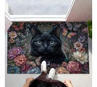 Paillasson D'entrée Antidérapant Portrait Chat Noir Paillasson à Poils Courts Magnifique Bouquet Fleurs Classiques Tapis de Bienvenue pour Chambre à Coucher, Cuisine, Porche, 60 x 90 cm, Vert Foncé