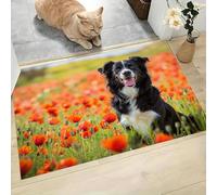 Paillasson D'Entrée De Bienvenue Adorable Border Collie Coquelicots Paillasson Entree Antidérapant Animaux Naturels Pour Extérieur Intérieur Tapis De Porte Lavable Pour Couloir, Rouge Vert 60X90Cm