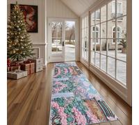 Paillasson d'Entrée Style Japonais Fleurs de Cerisier Absorbant et Lavable, Tapis de Cuisine Long Antidérapant Asiatique Architecture Tapis de Couloir Paysage Cascade Devant Evier Chambre 80x300 cm