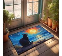 Paillasson d'été avec chat noir assis sur une rive rocheuse - Paillasson et paillasson d'automne pour l'extérieur (40 x 60 cm)