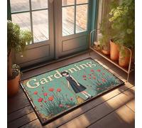 Paillasson d'extérieur amusant et vintage avec panneau de jardinage avec fille et fleurs rouges - Décoration d'automne (50 x 80 cm)