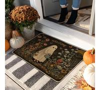 Paillasson d'Halloween fantôme noir et floral pour décoration intérieure et extérieure, tapis d'entrée antidérapant en caoutchouc, facile à nettoyer et absorbant la poussière, 73,2 x 43,2 cm
