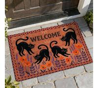 Paillasson d'Halloween motif chats bienvenus, coquelicots fantaisie, feuilles, orange, lavable, profil bas, décoration extérieure pour porte d'entrée, terrasse, 73,6 x 43,2 cm
