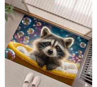 Paillasson D'Intérieur Animaux De Dessin Animé 45 X 75 Cm Pour Entrée De Maison, Antidérapant,Adorable Petit Raton Laveur Est Assis Dans La Baignoire Lavable En Machine, Pour Entrée Porte D'Entrée,