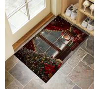 Paillasson d'intérieur Noël Lavable, 60 x 90 cm Tapis d'entrée Fin, Le Père Noël Dehors Par La Fenêtre Paillassonn Antidérapant, Sapin Noël Moderne Résistant Paillasson pour Porte ou Cuisine, Rouge