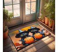 Paillasson d'intérieur pour porte d'entrée avec deux chats noirs dans des chapeaux de sorcière tenant des citrouilles - Tapis de sol d'automne - Décoration de chambre pour homme (50 x 80 cm)