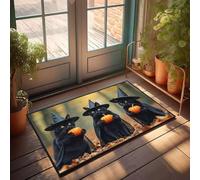 Paillasson d'intérieur unique avec trois chats noirs habillés comme des sorcières tenant des citrouilles - Tapis de sol d'automne - Décoration de chambre pour homme (65 x 90 cm)