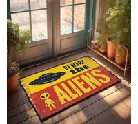 Paillasson d'intérieur vintage avec avertissement OVNI : Beware The Aliens ! Paillasson de cuisine et de ferme, tapis amusant pour porte d'entrée (40 x 60 cm)