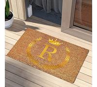 Paillasson doré en fibre de coco avec initiale R Monogramme Personnalisable Couronne botanique Zone encastrée Sèche rapidement avec un support robuste résistant aux taches Cadeau pour un