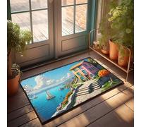 Paillasson drôle Rêve côtier : une maison pastel au bord de la mer avec voiliers et paillasson luxuriant Tapis de bienvenue d'automne pour porte d'entrée ou sous-sol (65 x 90 cm)